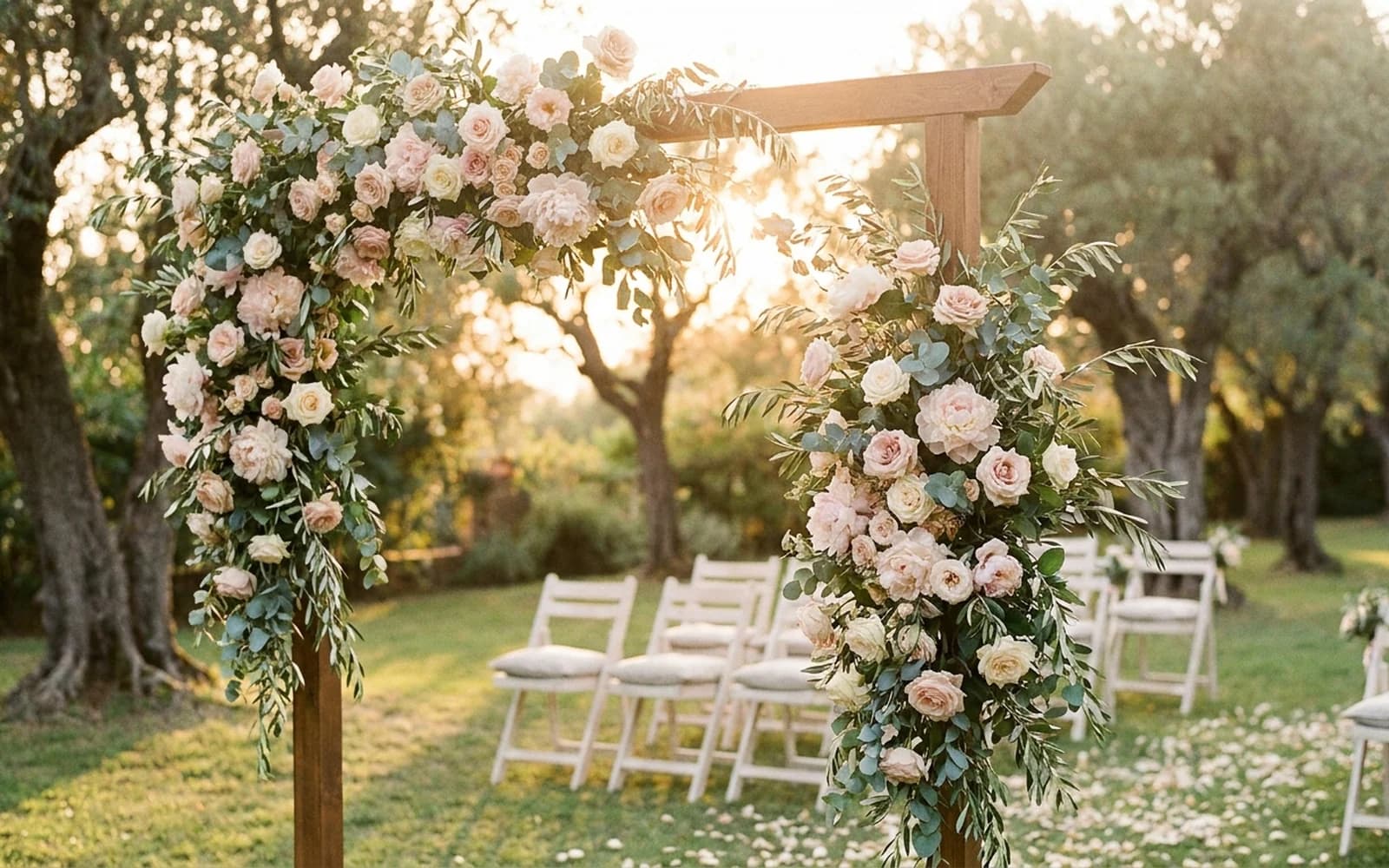 A floral ceremony arch in blush and white roses at an Adelaide wedding