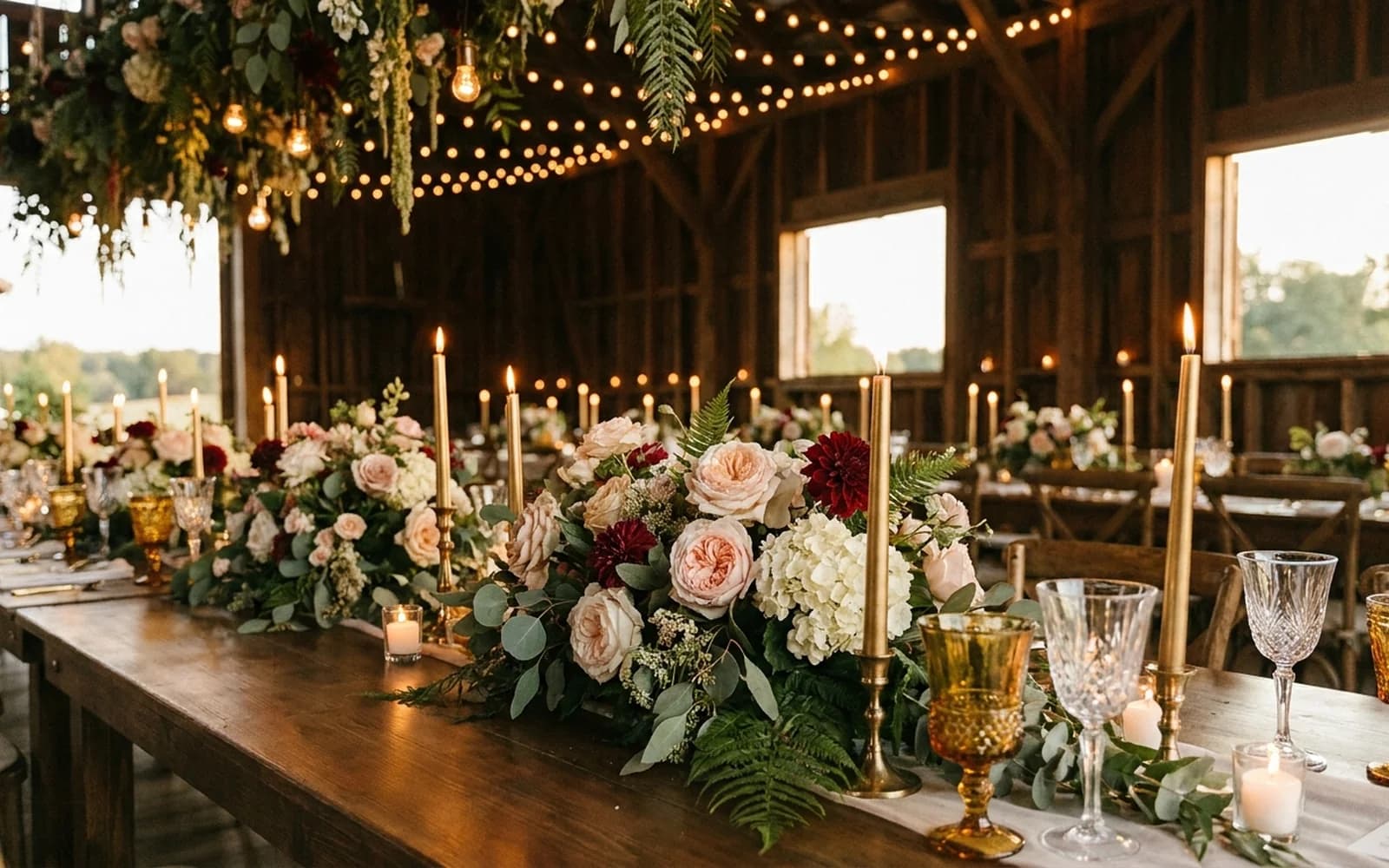 A reception table styled with lush floral centrepieces