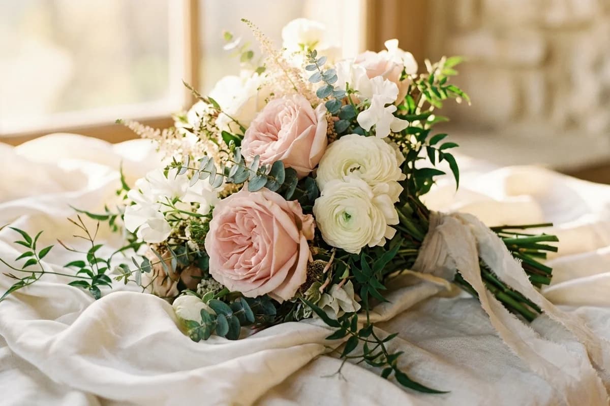 A soft, romantic bridal bouquet in blush, white and greenery