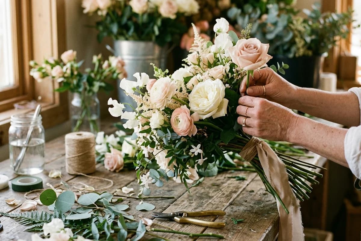 A florist's hands arranging a wedding bouquet