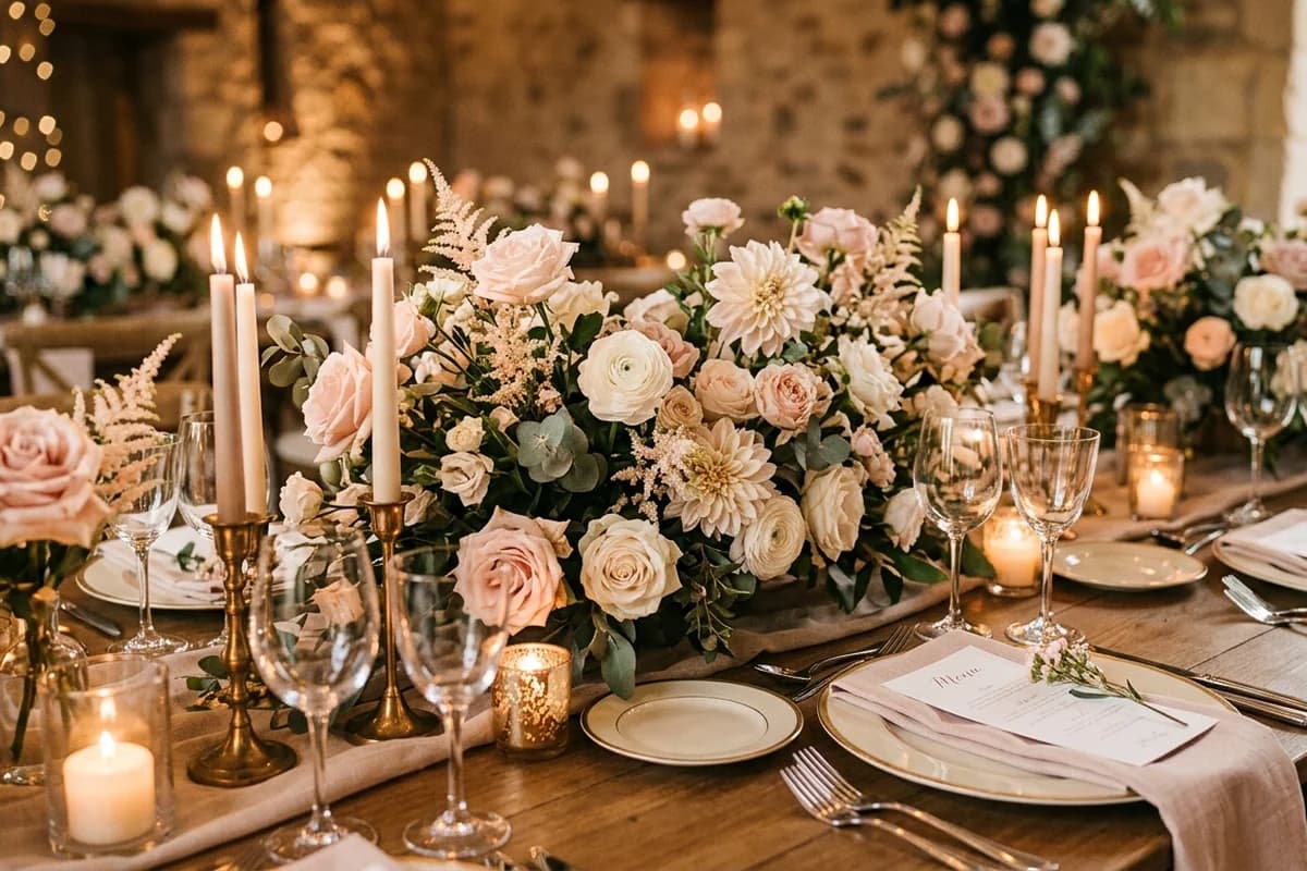 A reception table styled with floral centrepieces and candles